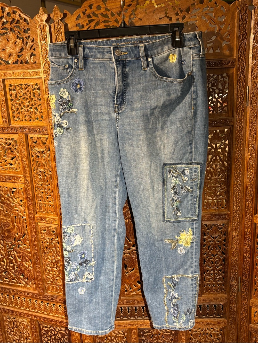 Chico's Light Blue Embroidered Ankle Jeans with Yellow & Blue Floral Accents